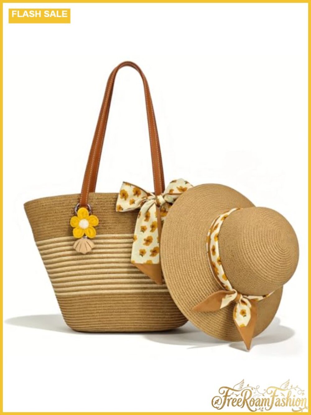 Straw Sun Hat & Woven Tote Bag Set UPF Wide Brim Beach Handbag